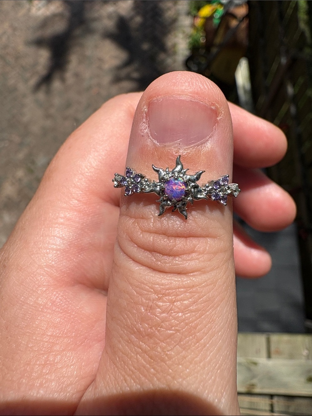 Sterling Silver Sunburst Opal Ring with Purple Accents